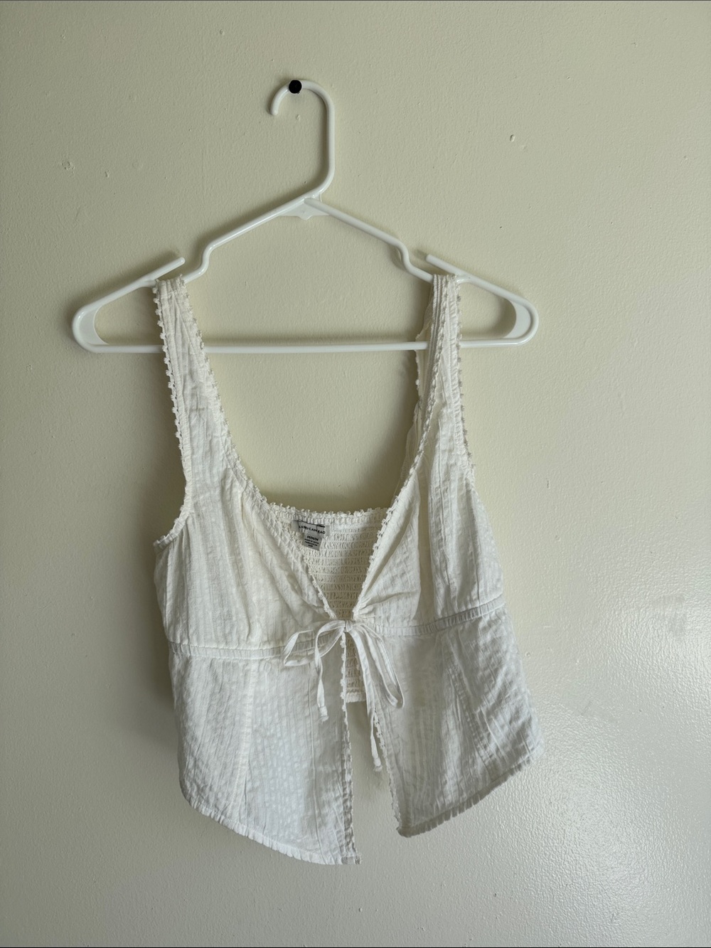 American Eagle Cream Smocked Tie-Front Crop Top